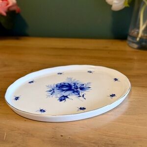 Vintage Blue Rose & Bee Oval Trinket Tray Ring Dish Cottagecore